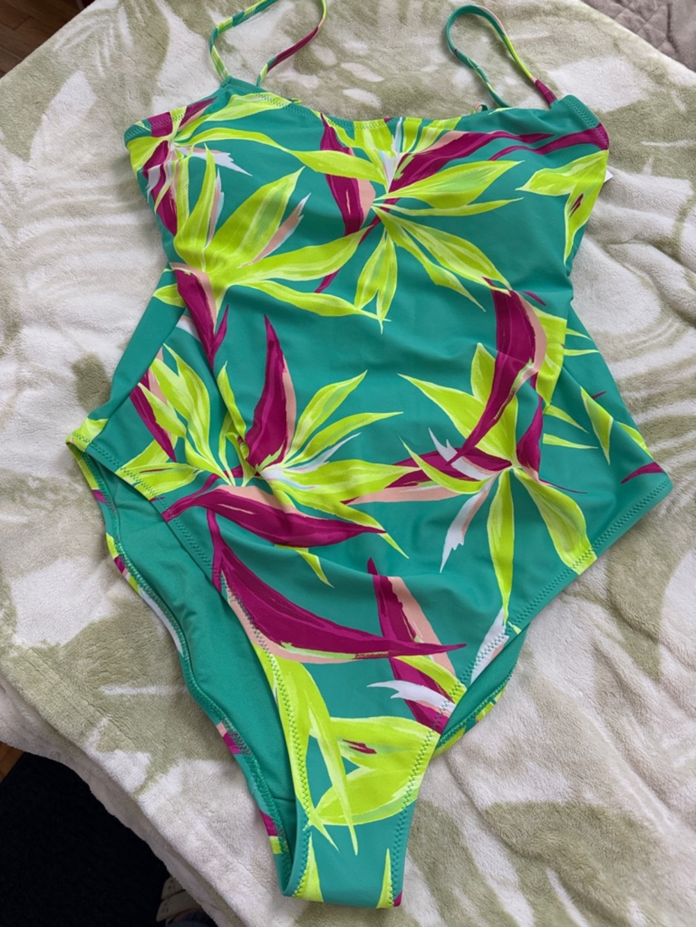 Old Navy Teal One-Piece Swimsuit with Neon Lime & Fuchsia Leaf Print